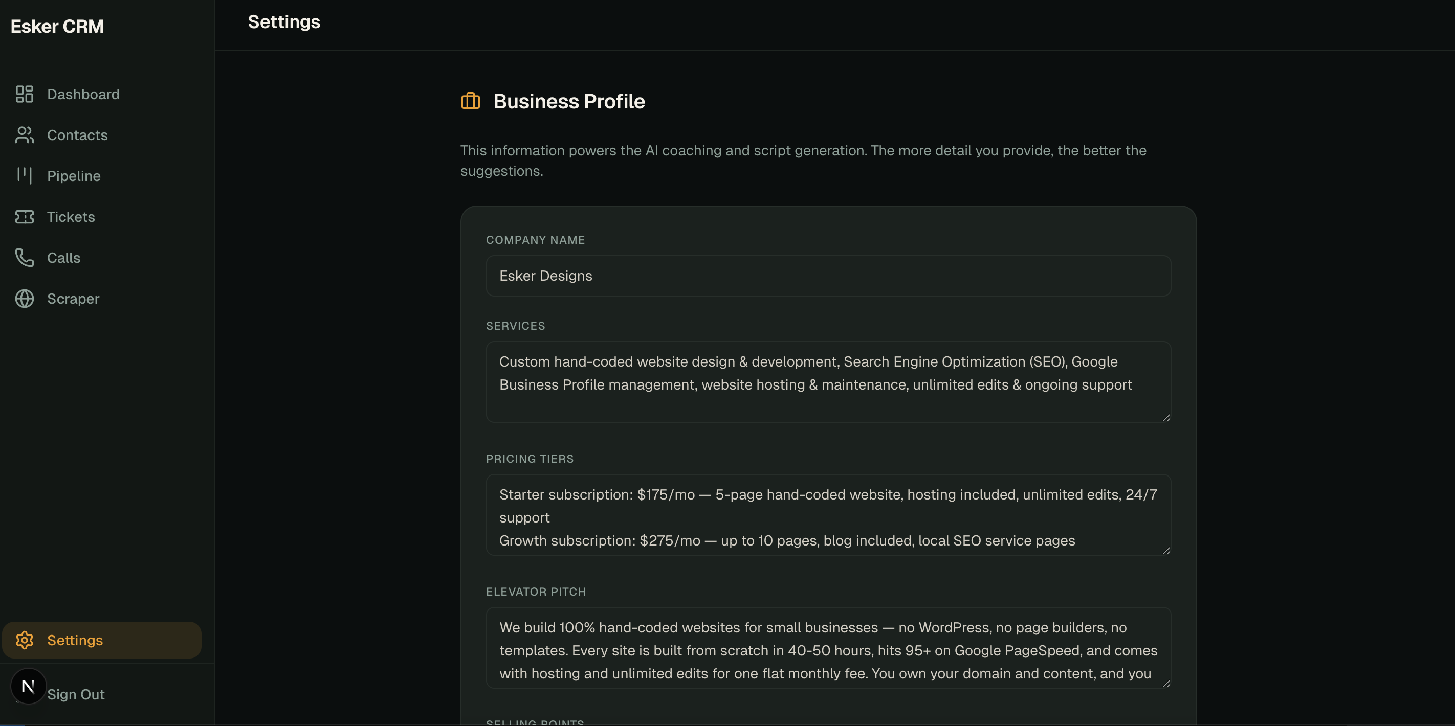 Business profile setup with services, pricing, and elevator pitch