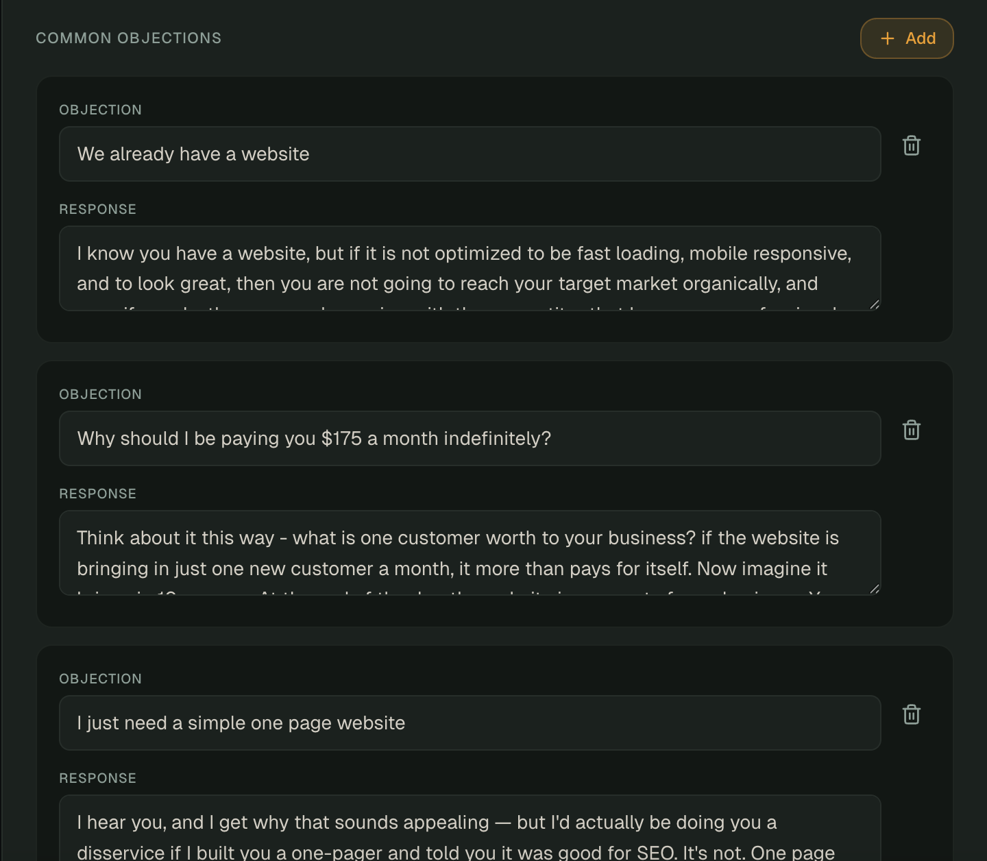 Common objection handling with saved responses